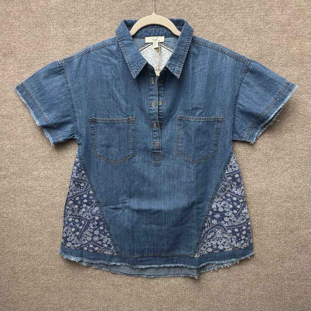 Easel Denim Top Bandana Patchwork Western Coastal Cowgirl Boho Festival Shirt S